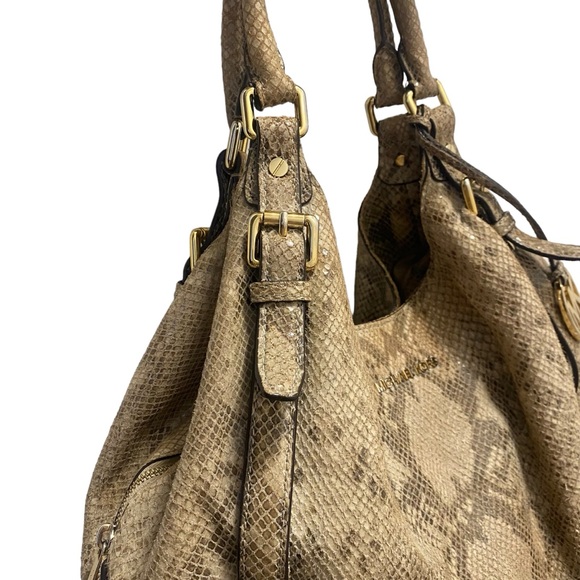 Michael Kors Beige Python Effect Leather and Suede Bedford Hobo Purse Tote Bag - Picture 5 of 16